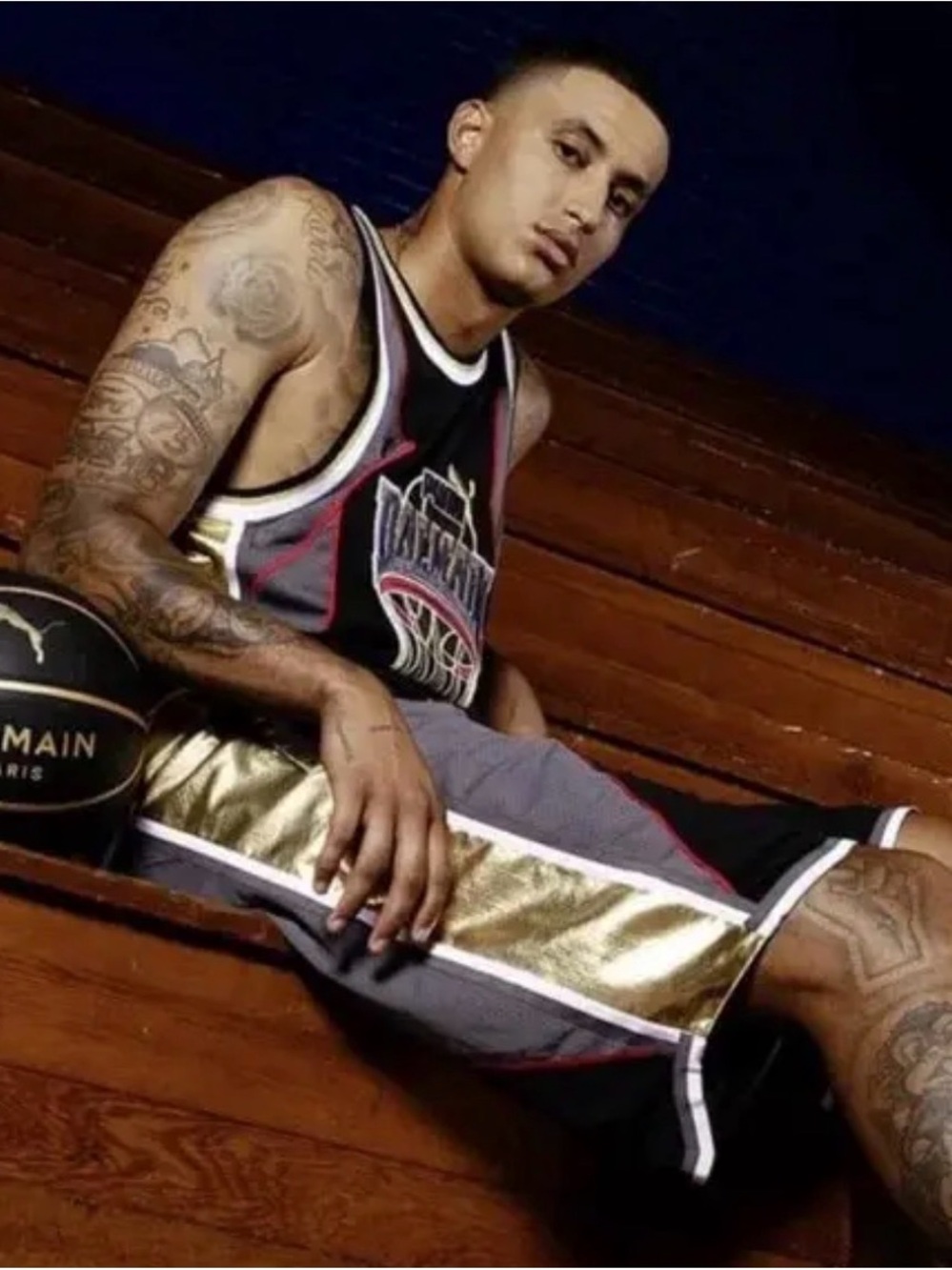 Balmain Black, Gold & Gray Athletic Basketball Jersey + Shorts, Size XL